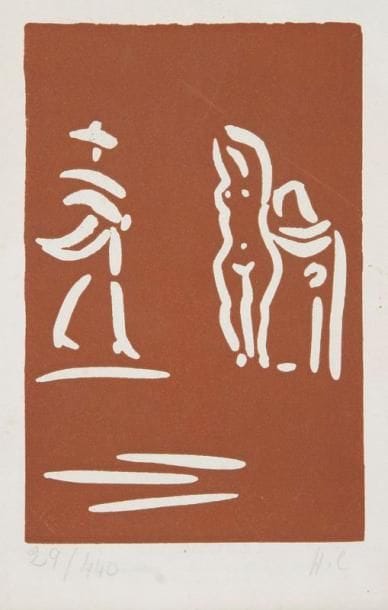 Pablo Picasso (1881-1973)
Carte de voeux de la galerie Madoura. 1968. Gravure sur linoléum. 114 x 175. Bloch 1461. Impression en brun. Bonne épreuve sur double feuillet avec texte typographié, revêtue d'un numéro et de l'annotation «H.C.» à la mine de plomb