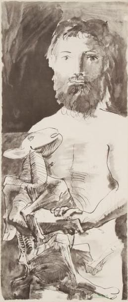 Pablo PICASSO (1881-1973) (d'après)
L'Homme au mouton. 1967. Lithographie (procédé Jacomet). 405 x 960. Parfaite épreuve sur vélin crème, la signature imprimée en vert au pochoir, du tirage à part pour l'ouvrage La Flûte double, Vent d'Arles éd., Paris. Toutes marges