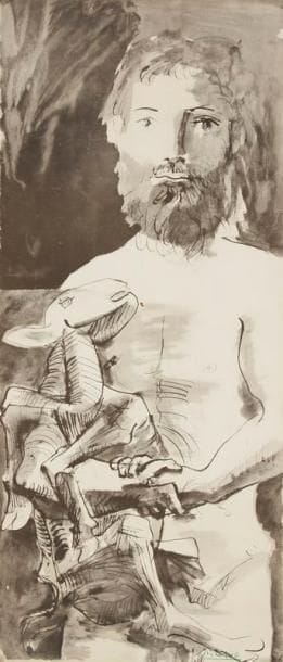 Pablo PICASSO (1881-1973) (d'après)
L'Homme au mouton. 1967. Lithographie (procédé Jacomet). 405 x 960. Belle épreuve sur vélin crème, la signature imprimée en vert au pochoir, du tirage à part pour l'ouvrage La Flûte double, Vent d'Arles éd., Paris. Courte déchirure en pied et petit accident dans l'angle inférieur gauche. Petite tache brune à gauche de la tête du mouton. Toutes marges