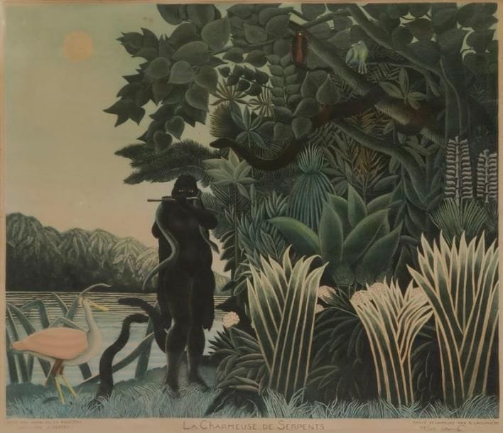Henri Rousseau, dit Le Douanier Rousseau (1844-1910) (d'après)
La Charmeuse de serpents. Vers 1960. Gravé par R. Lacourière. 565 x 490. Impression en couleurs. Belle épreuve sur vélin, oxydée, numérotée et signée à la mine de plomb par le graveur. Pli cassé dans le sujet. Quelques rousseurs. Marges. Tirage à 100 épreuves. Cadre