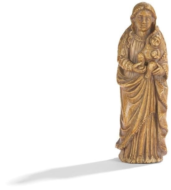 Vierge à l'Enfant en ivoire sculpté. Indo portugais, XVIIIe siècle. Hauteur: 16,5 cm (Accidents à la chevelure, épaufrures à la base)