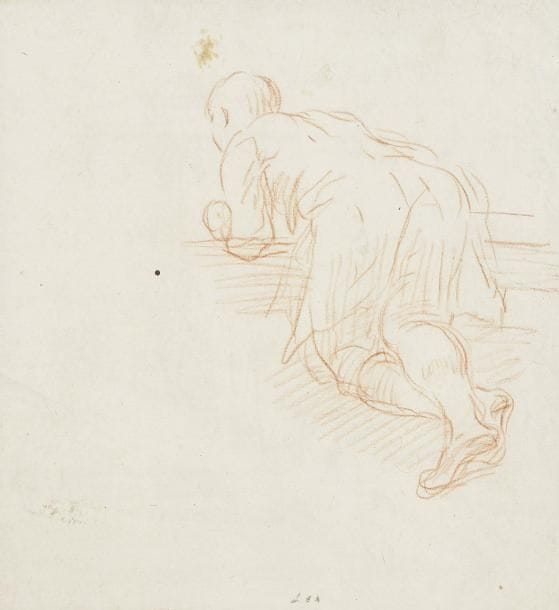 Attribué à Giulio CARPIONI (1613 - 1679)
Un homme penché en avant Sanguine. 18 x 16,5 cm Au dos, Un homme couché sur les marches d'un autel, sanguine