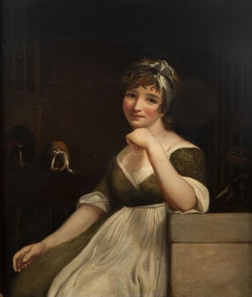 James NORTHCOTE (Plymouth 1746 - Londres 1831)
Portrait de jeune fille dans un magasin d'animaux Toile. 95,5 x 81,5 cm Signée et datée à gauche J. Northcote Pinx 1800. Provenance: Vente anonyme, Paris, Palais Galliera, 20-21 juin 1966, n°60 (La jeune fermière). Exposition: Salon de 1801, Londres, Royal Academy, n°61. Bibliographie: J. Simon, «Account book», dans Volume of the Walpole Society, vol 58, 1995/1996