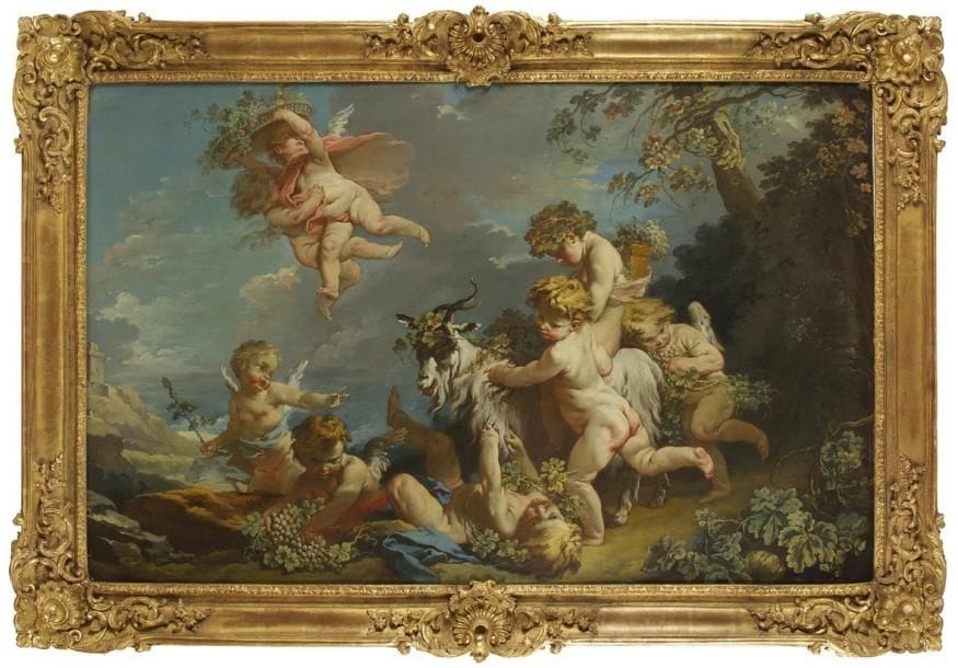 François BOUCHER (Paris 1703 - 1770)
Jeux d'Enfants ou L'Automne Toile, un dessus-de-porte 87 x 136 cm Provenance: Probablement Hôtel Derbais, Paris, rue Poissonnière; Collection Ch. E. Riche, Paris; Vente anonyme, Paris, Nouveau Drouot (Maître Renaud), 30 mars 1984, n°57, reproduit en couleur (François Boucher); Chez Maurice Segoura en 1986; Acquis chez ce dernier par les actuels propriétaires. Bibliographie: H. Voss, «François Boucher's early development», dans Burlington Magazine, mars 1953, cité p. 89, reproduit fig. 57 (une deuxième version de L'Automne); A. Ananoff et D. Wildenstein, François Boucher, Paris et Lausanne, 1976, n°60/8 (copie); Catalogue de l'exposition, François Boucher, New York, Detroit et Paris, 1986-1987, cité p. 63 sous la note n°4, pp. 133 et 135 (François Boucher). Notre tableau est une oeuvre fondamentale pour la connaissance du jeune Boucher. Peint vers 1732-1735, juste après son retour d'Italie, il est nourri de peinture vénitienne et de sa riche matière picturale et met en place tous les éléments d'un genre nouveau qui deviendra le style rocaille. Après une formation dans l'atelier de François Lemoyne, François Boucher est Grand Prix de l'Académie en 1723. N'étant pas l'un des favoris du duc d'Antin, Surintendant des Bâtiments du Roi, Boucher part pour Rome à ses frais de 1728 à 1731. à son retour, il reçoit sa première grande commande et livre à l'avocat François Derbais, en 1732, deux peintures de grandes dimensions, Venus demandant des armes à Vulcain et L'Aurore et Céphale (Toiles, 252 x 175 cm; Louvre et Nancy)1. La matière pleine et onctueuse de ces tableaux, leurs couleurs claires pastel et leur facture toute d'assurance et de hardiesse se retrouvent dans notre tableau; tout comme «la vive couleur, le relief et le Pinceau [...] l'aimable invention» et «le traitement étonnamment libre de la plante au premier plan»2 que l'on retrouve dans L'Aurore et Céphale. Selon Alastair Laing, cette rupture radicale est inspirée des modèles italiens. Boucher rentre à Paris en 17