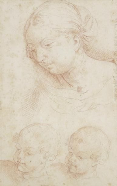 École FRANÇAISE du XVIIIe siècle
Tête de femme et de deux enfants Sanguine. 34 x 21,5 cm
