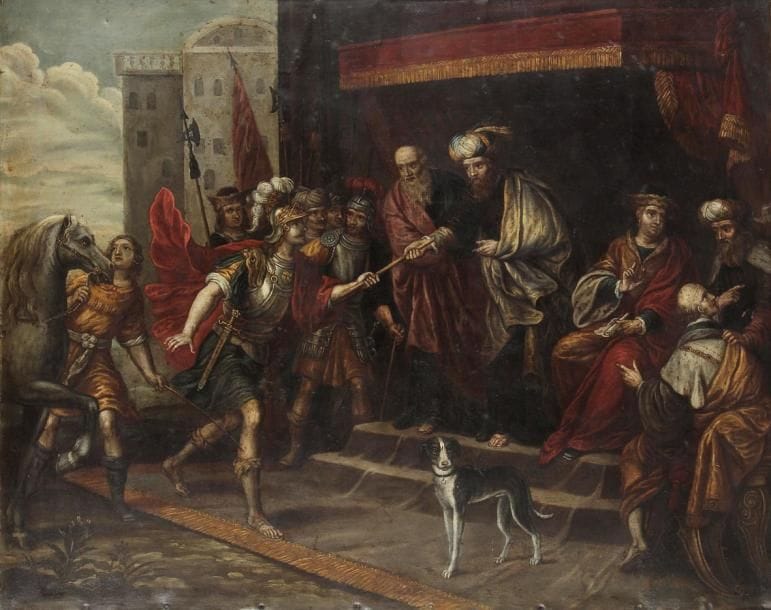 ECOLE FLAMANDE DU XVIIe SIÈCLE, SUIVEUR DE FRANS FRANCKEN
Moïse envoie Josué combattre les Amalécites Cuivre. 61 x 78 cm (Restaurations)