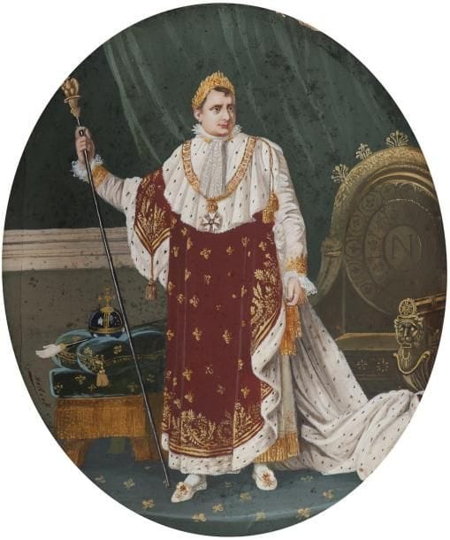 École FRANÇAISE du XXe siècle
Napoléon en pied, en costume de sacre, d'après le tableau du baron Gérard conservé à Versailles Grande miniature sur ivoire, ovale, 15,5 x 12,6 cm (fente verticale sur le bord gauche, sans verre ni cadre) Signée à gauche: Nodirt (?)
