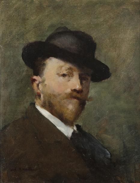 Charles DEVILLIE (Roanne 1850 - Riorges 1905)
Portrait d'homme au chapeau Toile marouflée sur panneau 40,5 x 32,5 cm Signé en bas à gauche Ch. Devillié