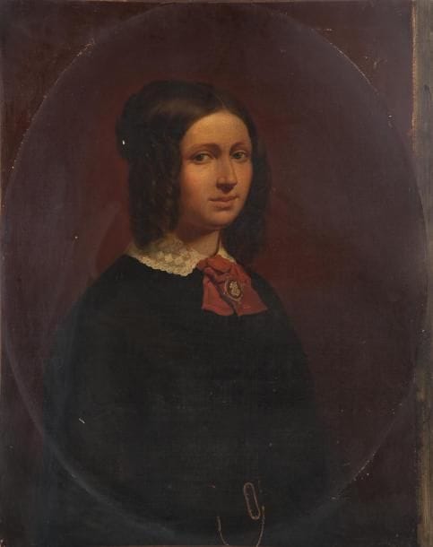 Ecole FRANÇAISE vers 1830
Portrait de femme au ruban rouge Toile à surface peinte ovale. 81 x 64,5 cm Accidents. Sans cadre