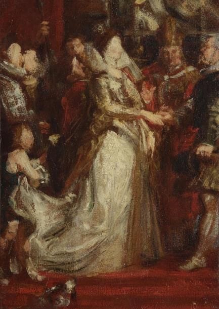 Henri FANTIN-LATOUR d'après Pierre Paul RUBENS (Grenoble 1836 - Buré 1904)
Mariage de Marie de Médicis Sur sa toile d'origine 29,5 x 21 cm Étiquette ancienne au revers. Cette esquisse de mon mari d'après Rubens a été exécutée entre 1865/ et 1870. V. Fantin Latour. Sans cadre