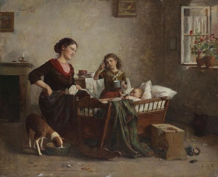 Edmund RODE (1876 - 1965)
Scène de famille Huile sur toile. Signée en haut à gauche. 55 x 69 cm