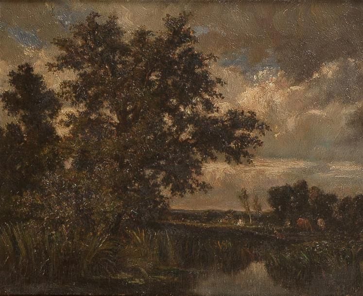 Ernest GUILLEMER (1839 - 1913)
Vaches au bord d'un étang arboré Toile. 21,5 x 27 cm Signée en bas à droite