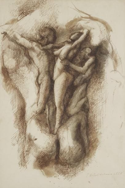 Pavel TCHELITCHEV (Kaluga 1898 - Rome 1957)
Dos d'homme avec une scène érotique Plume et encre brune, lavis brun. 43 x 29 cm Signé et daté en bas à droite P. Tchelitchev 1928