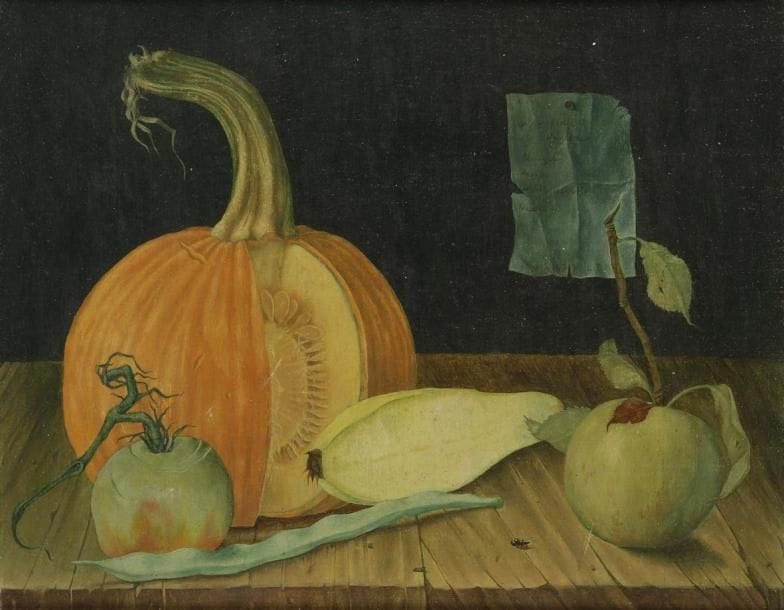 École AMÉRICAINE du XXe siècle
Potiron, pomme et pois Isorel. 24 x 29,5 cm Inscriptions illisibles sur l'étiquette en trompe-l'oeil. Provenance: Galeria Blanquis