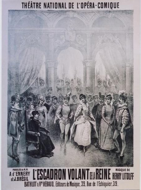 1 Affiche Escadron Volant de la Reine, H. Litolff [1888] FARIA JE. Bathlot/Héraud. Entoilée. B.E. (petites griffures). 76,5 x 56 cm