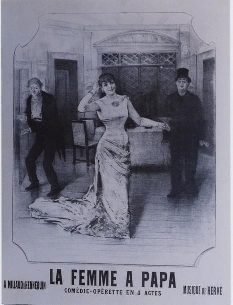 1 Affiche Femme à Papa, Hervé [1879] Non signée. Imp. Lemercier. Entoilée. B.E. (déchirures). 60 x 79 cm
