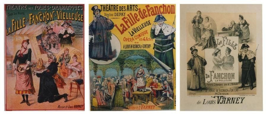3 Affiches Fille de Fanchon (La), Varney L. [1891] LEVY E. Imp. Levy. Entoilée B.E. 55 x 41 cm *** Fille de Fanchon (La), Varney L. [1891] MAUROU P. Lith. Belfond. Entoilée B.E. 79 x 60 cm *** Fille de Fanchon (La), Varney L. [1891] AMIAUX A. Imp. Amiaux. Entoilée. A.B.E. (plis). 123 x 100 cm