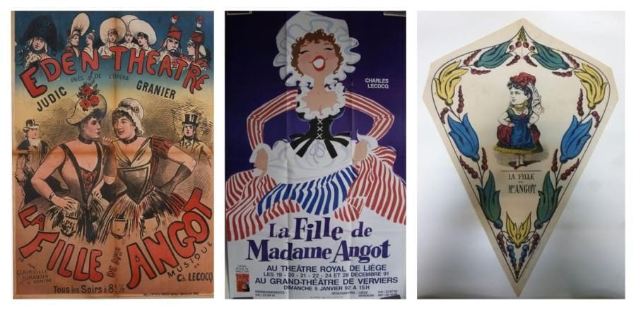 2 Affiches Fille de Mme Angot (La), Lecocq Ch. [1873] Non signée. Entoilée. A.B.E. (plis, usures). 128 x 91 cm *** Fille de Mme Angot (La), Lecocq Ch. [1873] CHOPPY R. Imp. Choppy. Entoilée. B.E. (petite déchirure). 120 x 80 cm On joint une image d?épinal