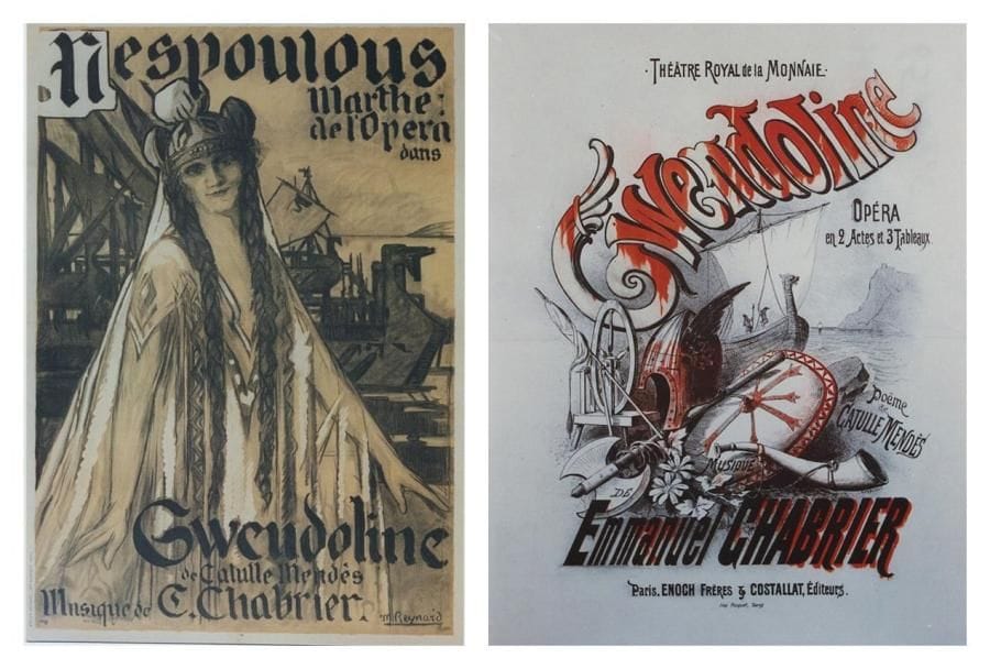 2 Affiches Gwendoline, Chabrier [1886] BARBIZET A. Imp. Fouquet. Entoilée. B.E. (plis). 64 x 48 cm *** Gwendoline (Marthe Nespoulos), Chabrier [1893] REYNARD M.-1926. Imp. Karcher. Entoilée. B.E. 109 x 77 cm