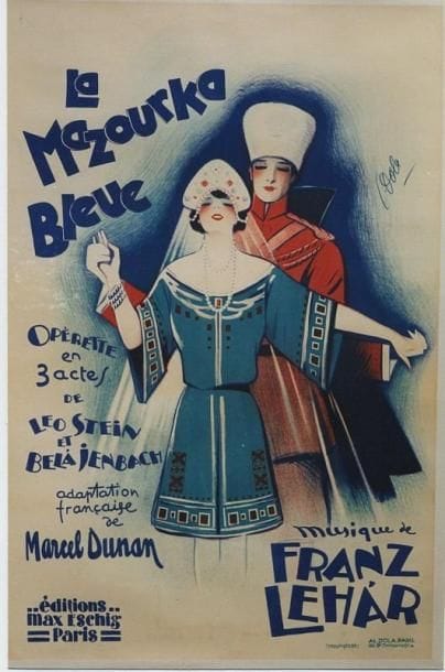 1 Affiche Mazourka Bleue (La), Lehar F. [1929] DOLA G. Ateliers Dola. Entoilée. B.E. (pli). 120 x 79 cm