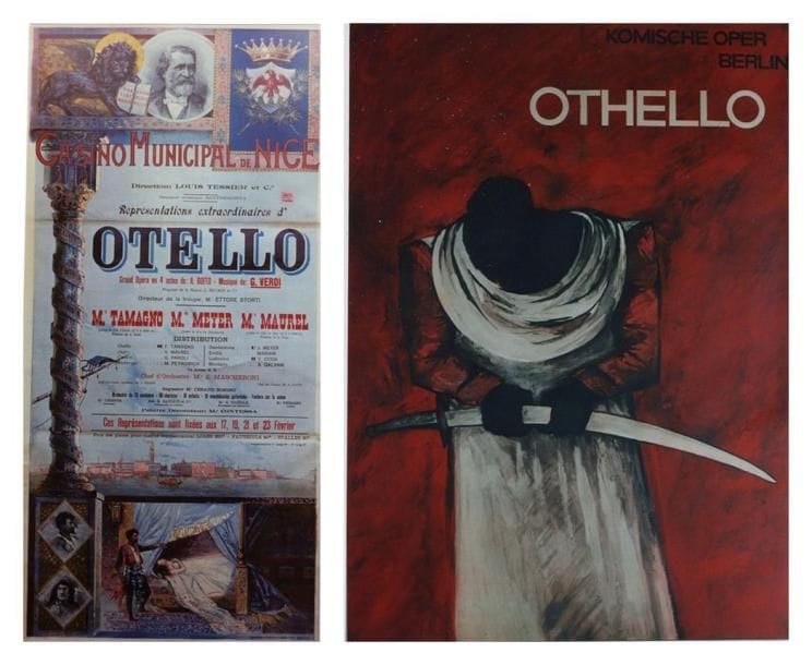 2 Affiches Otello, Verdi G. [1887] Casino minicipal de Nice -1891. Imp. Cattaneo Bergame. Entoilée. B.E. (plis). 200 x 98 cm *** Otello, Verdi G. [1887] KAUFFMANN. Komish Oper Berlin 1976?. Entoilée. B.E. (déchirures). 96 x 68 cm