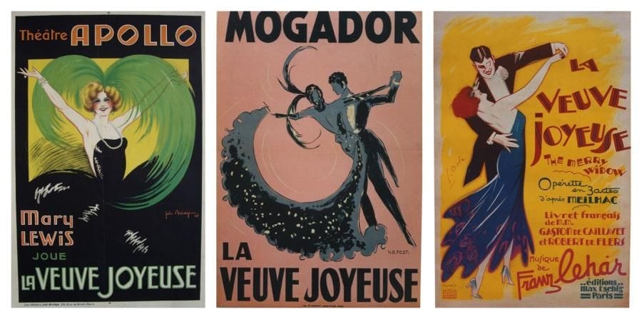 3 Affiches Veuve joyeuse (La), Lehar F. [1905] DOLA G. Atelier Dola. Entoilée. B.E. (petites taches). 120 x 80 cm *** Veuve joyeuse (La), Lehar F. [1905] FOST HR., 1952. Imp. St Martin. Entoilée. B.E. 60 x 40 cm *** Veuve joyeuse (La), Lehar F. [1905] BRIDGE JOE, 1925. Atelier J. Bridge. Entoilée. B.E. (plis). 60 x 40 cm