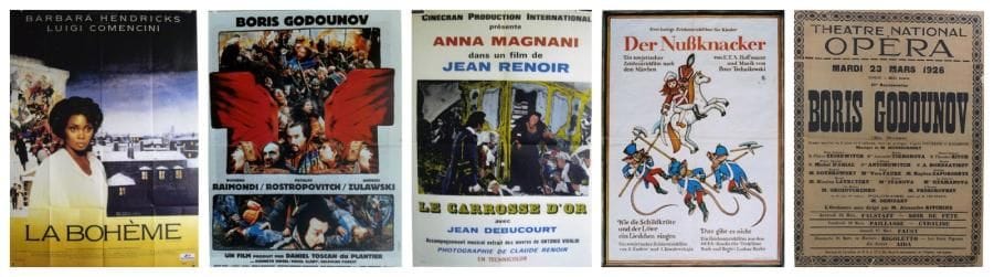 4 Affiches Bohème (La), Puccini, 1987 Photographie Réalisateur: Comencini. Acteurs: Hendricks B. Non entoilée. B.E. 52 x 38,5 cm *** Boris Godounov, Moussorski, 1989 Affiche par: BALTIMORE Réalisateur: Zulawski. Acteurs: Raimondi, Rostropovitch. Non entoilée. B. E. (pliée). 156 x 116 cm *** Carosse d?Or (Le), Vivaldi, 1952 Réalisateur: Renoir J. Acteurs: Magnani A., Debucourt J. Non entoilée. B.E. 78 x 58 cm *** Casse-noisette, Tchaïkovski, 1999 Non signée. Réalisateur: Barke Lothar. Non entoilée. A.B.E. (plis). 57 x 41 cm