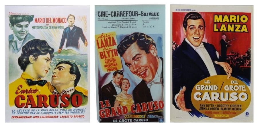 4 Affiches Enrico Caruso, 1951 Non signée. Réalisateur: Gentilomo. Acteurs: Mario del Monaco, G. Lollobrigida. 2 affiches. Entoilées. B.E. 36 x 55 cm *** Grand Caruso (Le),, 1951 Non signée. Réalisateur: Thorpe Rich. Acteurs: Lanza M. Non entoilée. B.E. (pli). 53 x 36 cm *** Grand Caruso (Le), 1951 Affiche par: WIK Réalisateur: Thorpe Rich. Acteurs: Lanza M. Entoilée. T.B.E. 58 x 35 cm