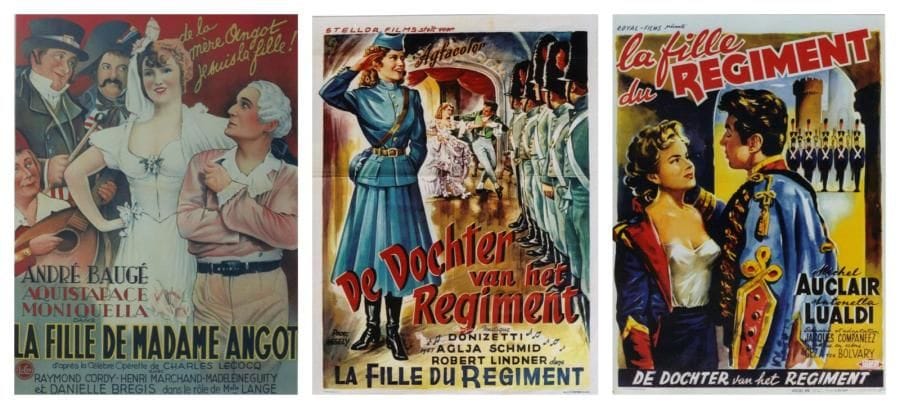3 Affiches Fille de Madame Angot (La), Lecocq, 1935 Non signée. Réalisateur: J. Bernard-Deros. Acteurs: Baugé A. Entoilée B.E. (pli, déchirure) 86 x 60 cm *** Fille du Régiment (La), Donizetti, 1953 Non signée. Réalisateur: Haenel/Klaren. Acteurs: Schmid A., Lindner R. Non entoilée. E.M. 56 x 37 cm *** Fille du Régiment (La), Donizetti, 1953 Affiche par: WIK Réalisateur: Bolvary Geza. Acteurs: Auclair, Lualdi. Entoilée. T.B.E. 48 x 35 cm