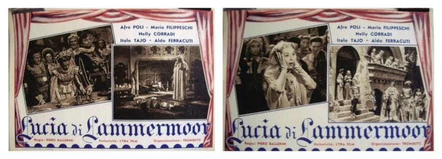2 Affiches Lucia di Lamermoor Réalisateur: Ballerini Piero. Acteurs: Poli, Corradi, Tajo. Photographie. Non entoilées. 34 x 48 cm
