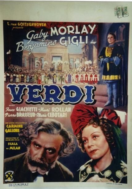 2 Affiches Verdi, Verdi, 1938 Non signée. Réalisateur: Gallone C. Acteurs: Morlay G., Gigli Benj. Entoilée. B.E. (plis). 85 x 65 cm *** Verdi (La Vie amoureuse de), Verdi, 1953 Non signée. Réalisateur: Matarazzo R. Acteurs: del Monaco, Gobbi T., Ferre A.M. Non entoilée. B.E. (pli). 47 x 35,5 cm