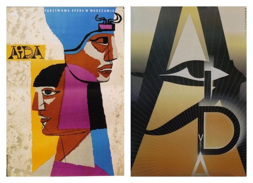 2 Affiches Aïda, Verdi [1871], 1958 Jozef MROSZCZAK (1910-1975). Non entoilée. B.E. 67,5 x 97,5 cm *** Aïda [1871] Vera KRAKOWSKA. Non entoilée. B.E. 97,5 x 68 cm