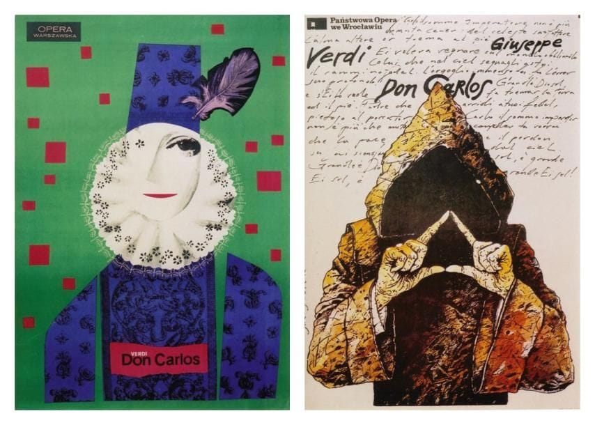 2 Affiches Don Carlos [1867], 1963 Jozef MROSZCZAK (1910-1975). Non entoilée. B.E. (courtes déchirures). 97,5 x 97 cm *** Don Carlos [1867], 1985 Grzegorz MARSZALEK (né en 1946). Non entoilée. B.E. 96 x 67 cm