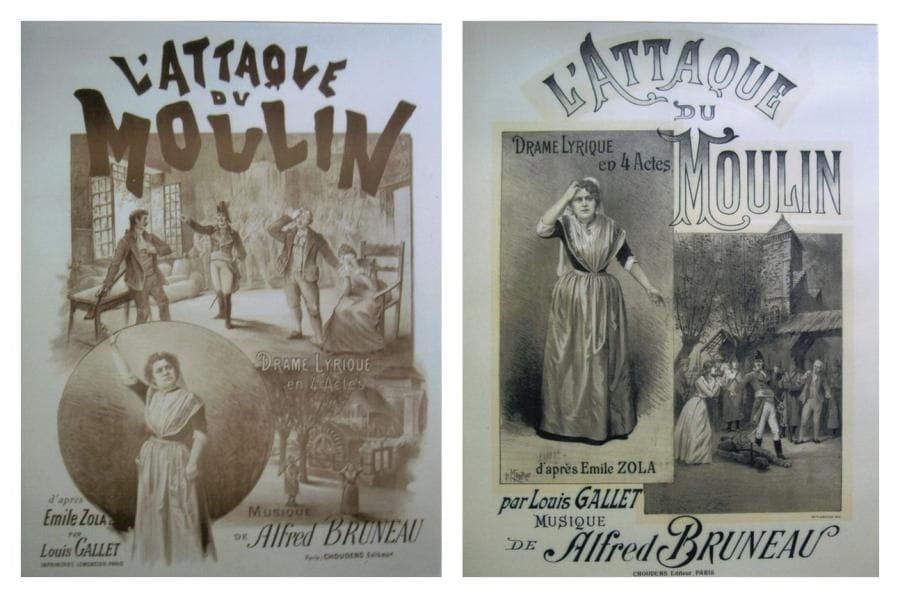 2 Affiches Attaque du Moulin (L?) (Sépia), Bruneau A. [1893] MAUROU P. (Non signée). Imp. Lemercier. Entoilée. B.E. 80 x 60 cm *** Attaque du Moulin (L?), Bruneau A. [1893] MAUROU P. Choudens Edit. Entoilée. B.E. 81 x61 cm