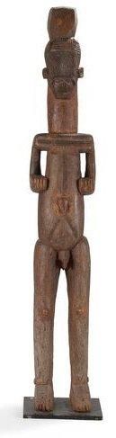 IGBO (Nigéria) Statue. Statue "Alusi" de sanctuaire familial, elle précise le rang social de celui qu'elle représente, en général grand ancêtre fondateur. Sculpture frontale, en bois lourd, respectant le principe de verticalité, les bras dégagés du corps, les mains en avant, cou très allongé, l'ensemble donnant une impression de force et de stabilité. Tête ornée de la coiffe traditionnelle recouvrant tout le front. Patine brune très ancienne. Hauteur: 148 cm Provenance: collection particulière, Paris
