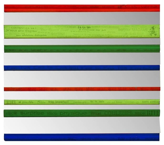 Miroir, 28 mai 1984 Miroir, bandes fluo, tampons. 33,5 x 38,5 cm