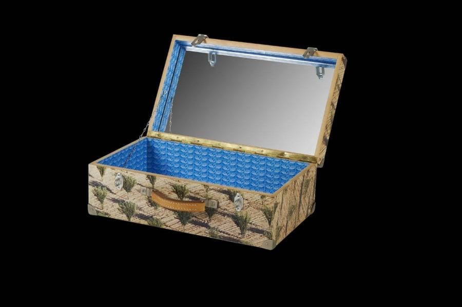 C'est pas le tout d'avoir des bagages, il faut savoir où les poser, c. 1994 Photographie, film autocollant, bois, métal, cuir, miroir, sérigraphie fluo sur papier. Signé. 29 x 48 x 18 cm