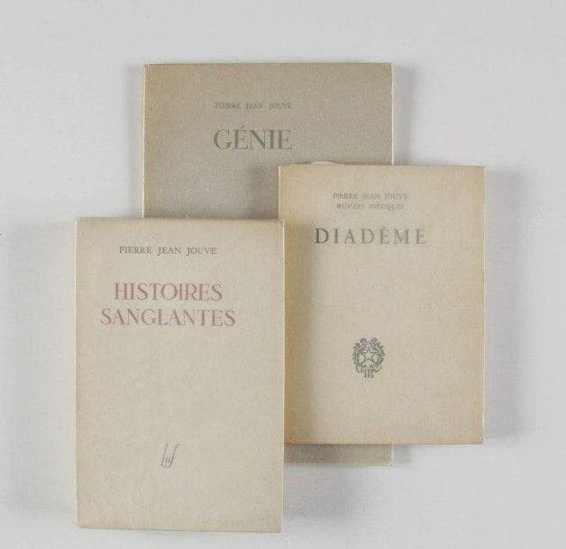 JOUVE Pierre Jean. Génie. Paris, GLM, 1948. Gd in-8 étroit, en ff. Édition originale 1/425 sur vélin de Renage. Joints : - Histoires sanglantes. Paris, Egloff, 1948. In-8, br. - Diadème. Paris, Ed. de Minuit, 1949. In-8, br.