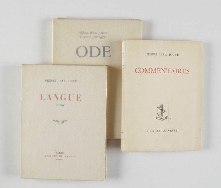 JOUVE Pierre Jean. Langue. Paris, Mercure de France, 1954. In-8, br. Première édition publique. 1/50 sur Lana. Joints :  - Commentaires. Neuchâtel, La Baconnière, 1950. In-8, br. - Ode. Paris, Ed. de Minuit, 1950. In-8, br.