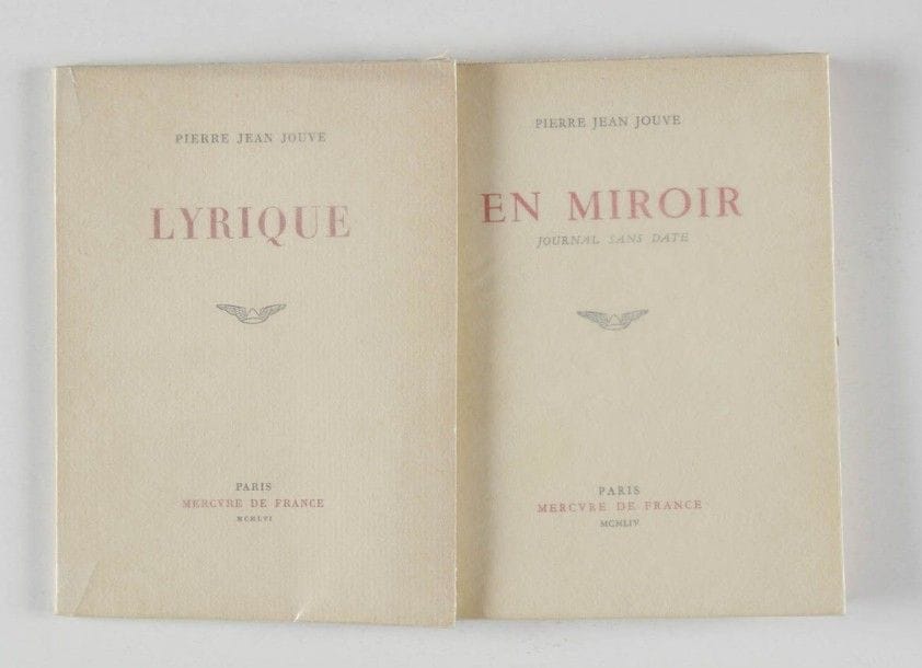 JOUVE Pierre Jean. Lyrique. Paris, Mercure de France, 1956. Pt in-8, br. Édition originale sur papier d’édition. Envoi a.s. Joint : - En miroir. Paris, Mercure de France, 1954. Pt in-8, br.