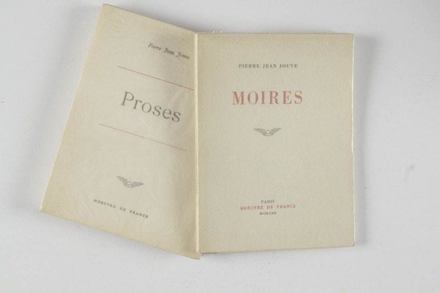 JOUVE Pierre Jean. Proses. Paris, Mercure de France, 1960. Pt in-8, br. Édition originale. 1/12 sur vélin d’Arches. Envoi a.s. sur vélin d’Arches (nom effacé). Joints : - Moires. Paris, Mercure de France, 1962. Pt in-8, br.  - Ténèbres. Paris, Mercure de France, 1965.  Pt in-8, br. Édition originale. 1/30 sur vélin de Hollande.