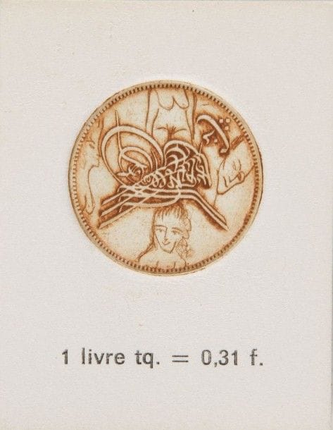 MILSHTEIN Zwy. Les sous. Paris, L’artiste, 1974. 50 exemplaires signés, contenus dans un porte-monnaie en daim estampé, orné de dessins et signé. Minuscule de 15 feuillets d’Arches + couverture (60 x 74 mm) gravés d’eaux-fortes dont 10 sont des estampages obtenus à partir de piécettes de monnaies diverses regravées par l’artiste.