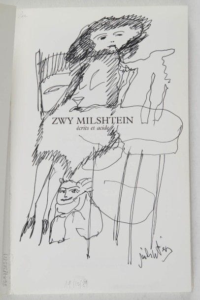 MILSHTEIN Zwy. Caroline BENZARIA : Zwy Milshtein, écrits et acide. Paris, Marval, 1988. In-8, br. Exemplaire enrichi d’un dessin original signé en page de titre. Joint : - Milshtein, graveur. Le musée de poche. Paris, 1974. Pt in-8, br.