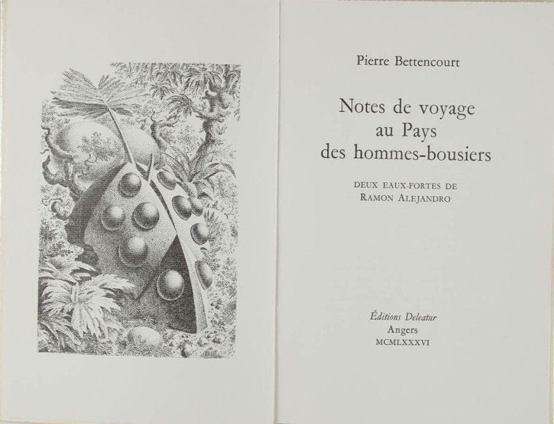 BETTENCOURT Pierre. Notes de voyage au pays des hommes-bousiers. Deux eaux-fortes de Ramon Alejandro. Angers, Deleatur, 1986. In-8, br. 1/600 ex. de l’édition courante. Joint : - Jean SADINET (Pierre BETTENCOURT). Les plaisirs du Roi. Paris, Losfeld, 1968. In-8, cartonnage éditeur, jaquette.