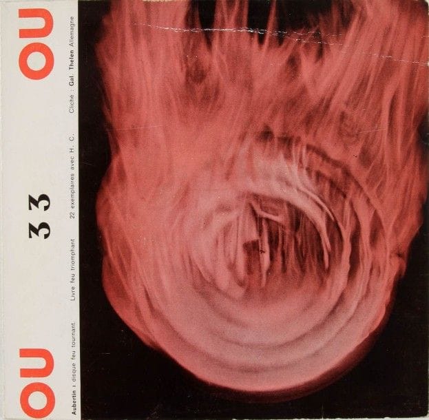 CHOPIN Henri. Revue OU-Cinquième saison. n°33, s.d. (fin 1967-68). 19 x 19,5 cm. Livret cousu, le rabat de couverture contient un disque vinyle 33 t. (Heidsieck, Dufrêne, Wolman, Chopin). Exemplaire sur offset numéroté. Tirage 1000 ex.