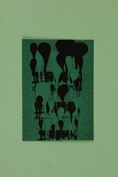 HEIDSIECK Bernard. Foules. Anvers, Guy Schraenen, 1974. In-4 en ff sous chemise. Impression sur papier de différentes couleurs. Tirage 550 ex. 1/20 contenant une œuvre originale « Les solitaires » de Bernard Heidsieck, signée.