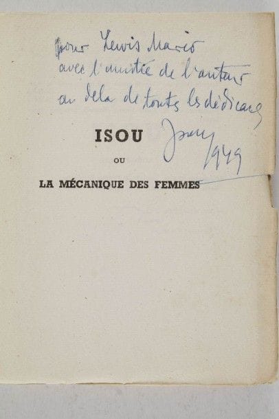 ISOU Isidore. Isou ou la mécanique des femmes. Aux escaliers de Lausanne, (1949). In-8, br. 294 pp. Édition originale. 1/500 ex numérotés sur vergé-main, non rogné. Envoi a.s. (à Guy Lévis-Mano ?) daté 1949. Bien complet du portrait d’Isou.