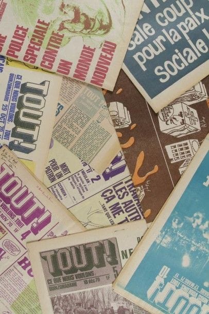 Mai 70… - TOUT, ce que nous voulons : tout ! Du n° 1 (sept. 70) au n° 17 (juill. 71). Journal in-folio complet en 17 livraisons. Organe du groupe maoïste-libertaire VLR (Vive la Révolution), proche du FAHR. Roland Castro et T Grumbach ; Jean-Paul Sartre accepta d’en être le rédacteur en chef. Audacieuse mise en page. Joint : - L’opposition artistique. n°1 (déc. 67 - févr. 68). Vive la grande révolution culturelle prolétarienne. Vive la voie bolchevique d’octobre… In-folio.