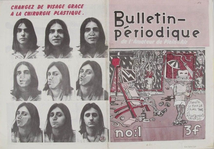 BAZOOKA.  Bulletin périodique, n°1 de l’amateur de plein air. Paris, Almonde, 2e trimestre 1976. Journal 46 x 32 cm - BAZOOKA. Bulletin périodique n°2. Catalogue des tendances suicidaires. Paris, Almonde, septembre 1976. Journal 45 x 32 cm - BAZOOKA. Bulletin périodique n°3. Connaissance des étoiles. Paris, Almonde, 4e trimestre 1976. Journal, 31,5 x 44,5 cm - BAZOOKA. Bulletin périodique n°4. Le plus grand des voyages. Paris, Les amis de Bulletin-P, 2e trimestre 1977. Journal 44 x 31,5 cm BAZOOKA. Bulletin périodique n°7. Dissimulation en ambiances particulières. Camouflage. Paris, Les amis de Bulletin-P. 1er trimestre 1978. 6 livraisons sont parues. Le n° 5/6 double manque ici.  L’ensemble :