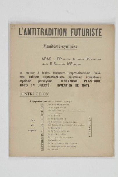 FUTURISME - Guillaume APOLLINAIRE. L’antitradition Futuriste. Manifeste synthèse. Paris, 29 juin 1913. Un feuillet, plié en deux : 23 x 29 cm en pochette acétate ouvrante.